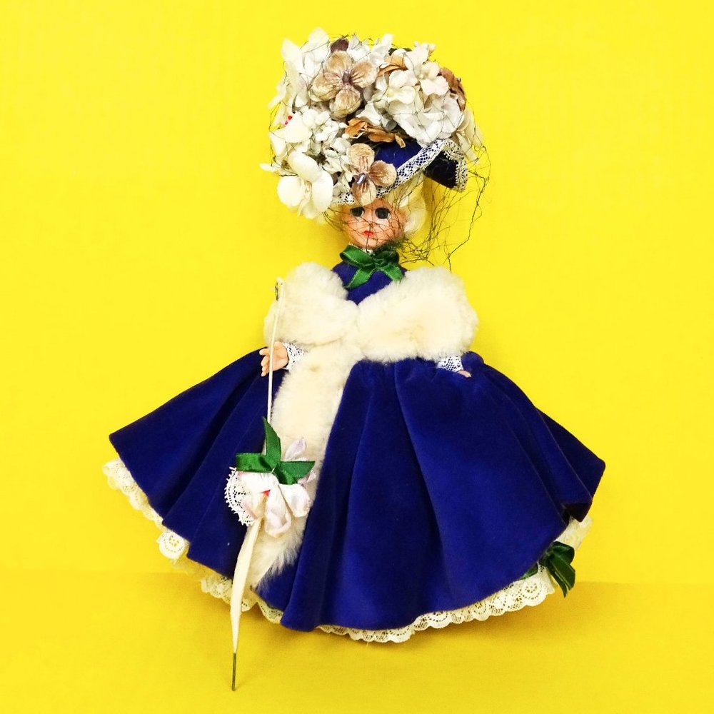 Vintage Composition Face Sleeper Doll Parasol Umbrella Purple Fur Coat Hat Veil